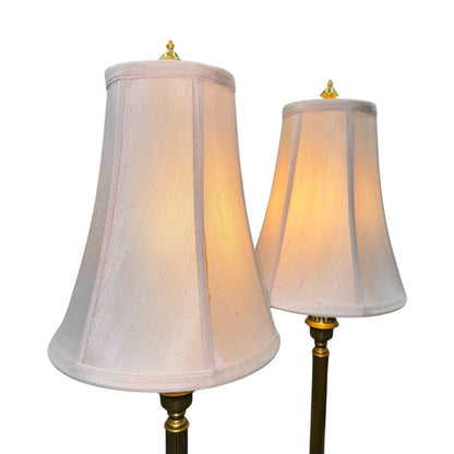 Pair of Frederick Cooper Brass Table Lamps w/ Fluted Column Stems, Urn Form Bodies, and Ring Handles. Classic Neoclassical Design w/ Stepped Square Bases. Heavy Solid Construction. Chicago 6Lx6Wx39H