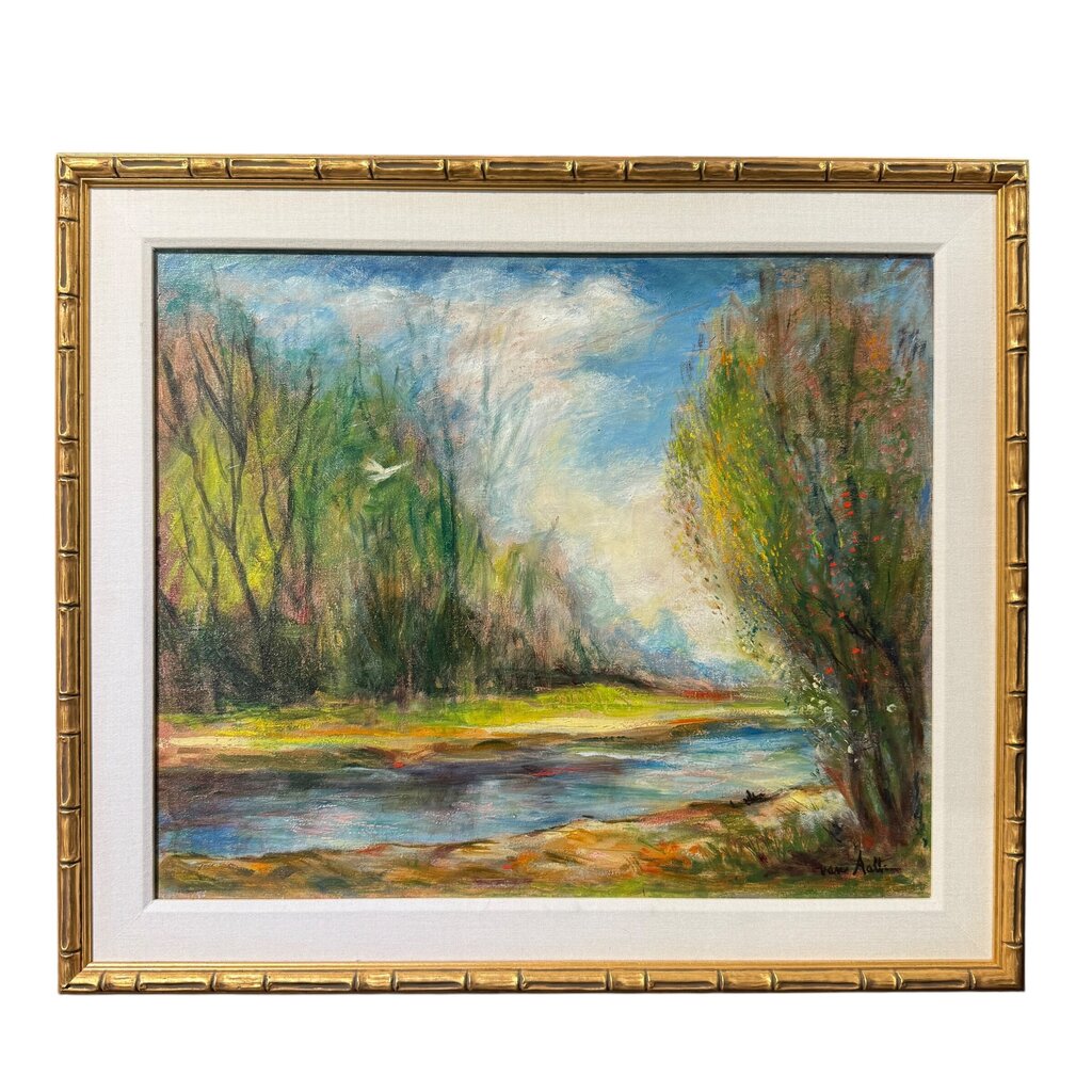 Original Oil Landscape titled "Along The Tamiami Trail" by Jacques Van Aalten Featuring A Serene River Scene w/ Impressionistic Brushwork, Vibrant Spring Color, And Soft Atmospheric Depth. Signed Lower Right. Gold Gilt Frame 29x25