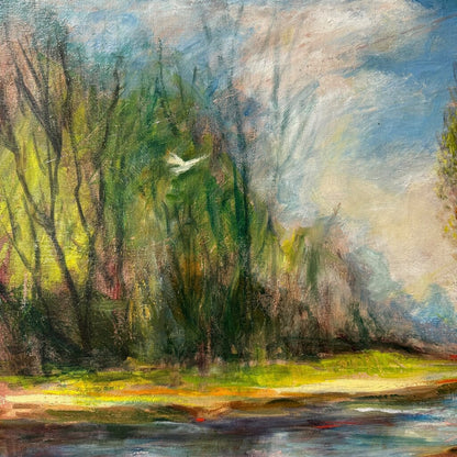 Original Oil Landscape titled "Along The Tamiami Trail" by Jacques Van Aalten Featuring A Serene River Scene w/ Impressionistic Brushwork, Vibrant Spring Color, And Soft Atmospheric Depth. Signed Lower Right. Gold Gilt Frame 29x25