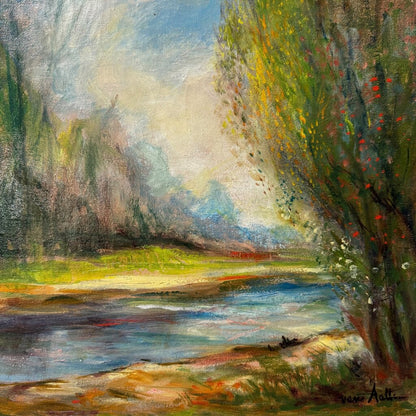 Original Oil Landscape titled "Along The Tamiami Trail" by Jacques Van Aalten Featuring A Serene River Scene w/ Impressionistic Brushwork, Vibrant Spring Color, And Soft Atmospheric Depth. Signed Lower Right. Gold Gilt Frame 29x25