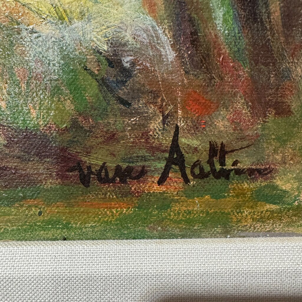 Original Oil Landscape titled "Along The Tamiami Trail" by Jacques Van Aalten Featuring A Serene River Scene w/ Impressionistic Brushwork, Vibrant Spring Color, And Soft Atmospheric Depth. Signed Lower Right. Gold Gilt Frame 29x25