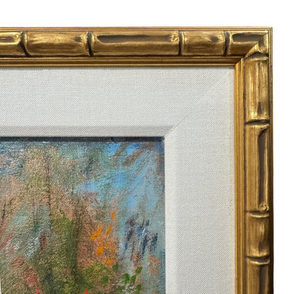Original Oil Landscape titled "Along The Tamiami Trail" by Jacques Van Aalten Featuring A Serene River Scene w/ Impressionistic Brushwork, Vibrant Spring Color, And Soft Atmospheric Depth. Signed Lower Right. Gold Gilt Frame 29x25