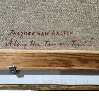Original Oil Landscape titled "Along The Tamiami Trail" by Jacques Van Aalten Featuring A Serene River Scene w/ Impressionistic Brushwork, Vibrant Spring Color, And Soft Atmospheric Depth. Signed Lower Right. Gold Gilt Frame 29x25