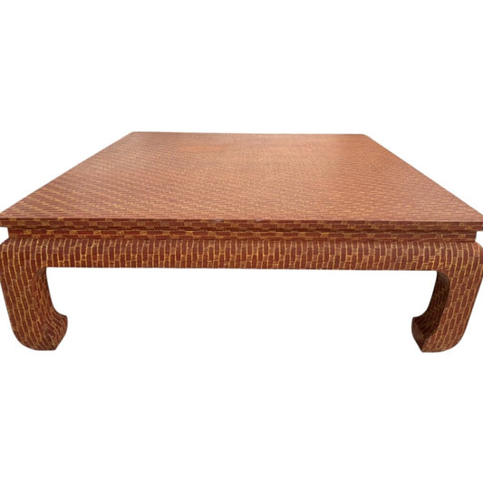 Vintage Baker Furniture Raffia-Wrapped Ming-Style Coffee Table w/ Textured Red Finish 38Lx38Wx14H