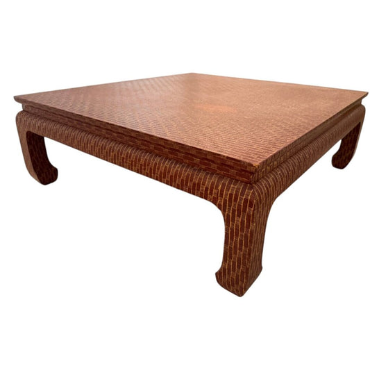 Vintage Baker Furniture Raffia-Wrapped Ming-Style Coffee Table w/ Textured Red Finish 38Lx38Wx14H