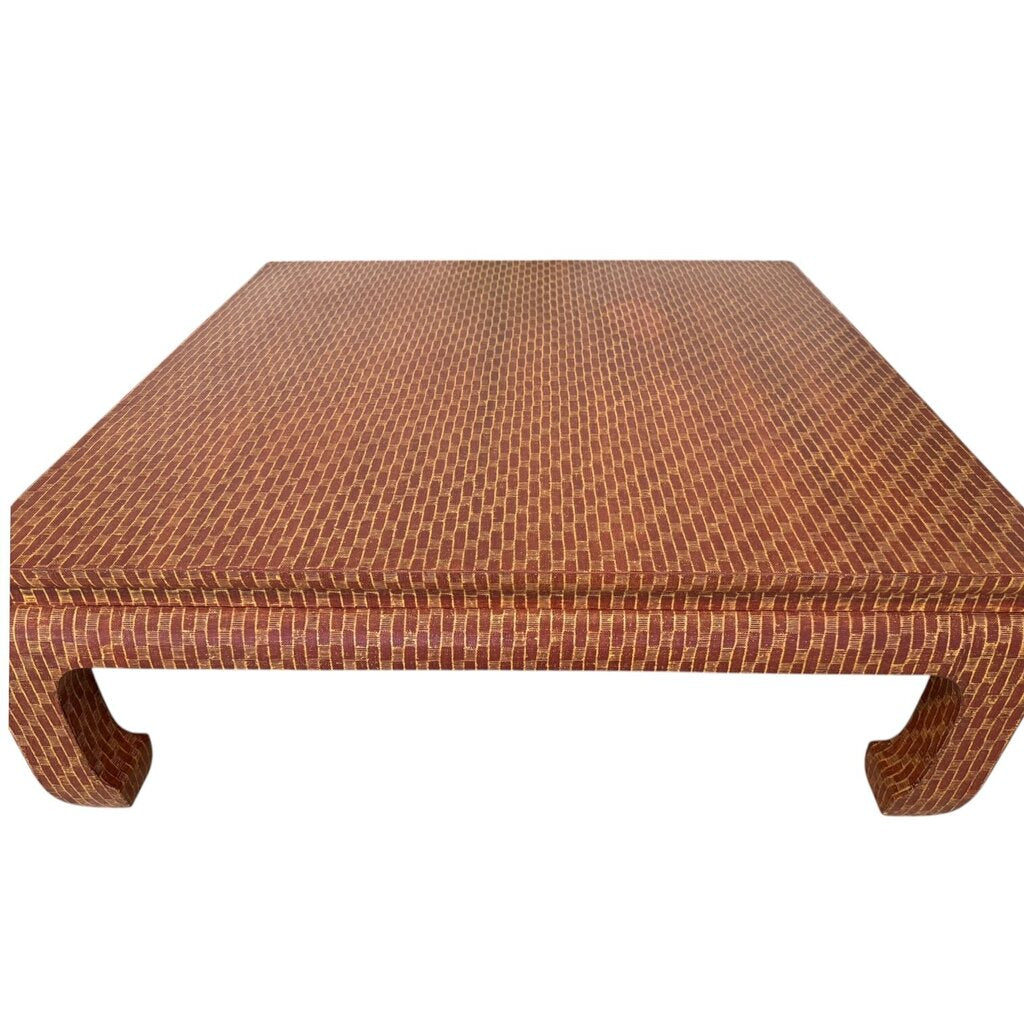 Vintage Baker Furniture Raffia-Wrapped Ming-Style Coffee Table w/ Textured Red Finish 38Lx38Wx14H