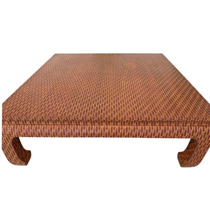 Vintage Baker Furniture Raffia-Wrapped Ming-Style Coffee Table w/ Textured Red Finish 38Lx38Wx14H