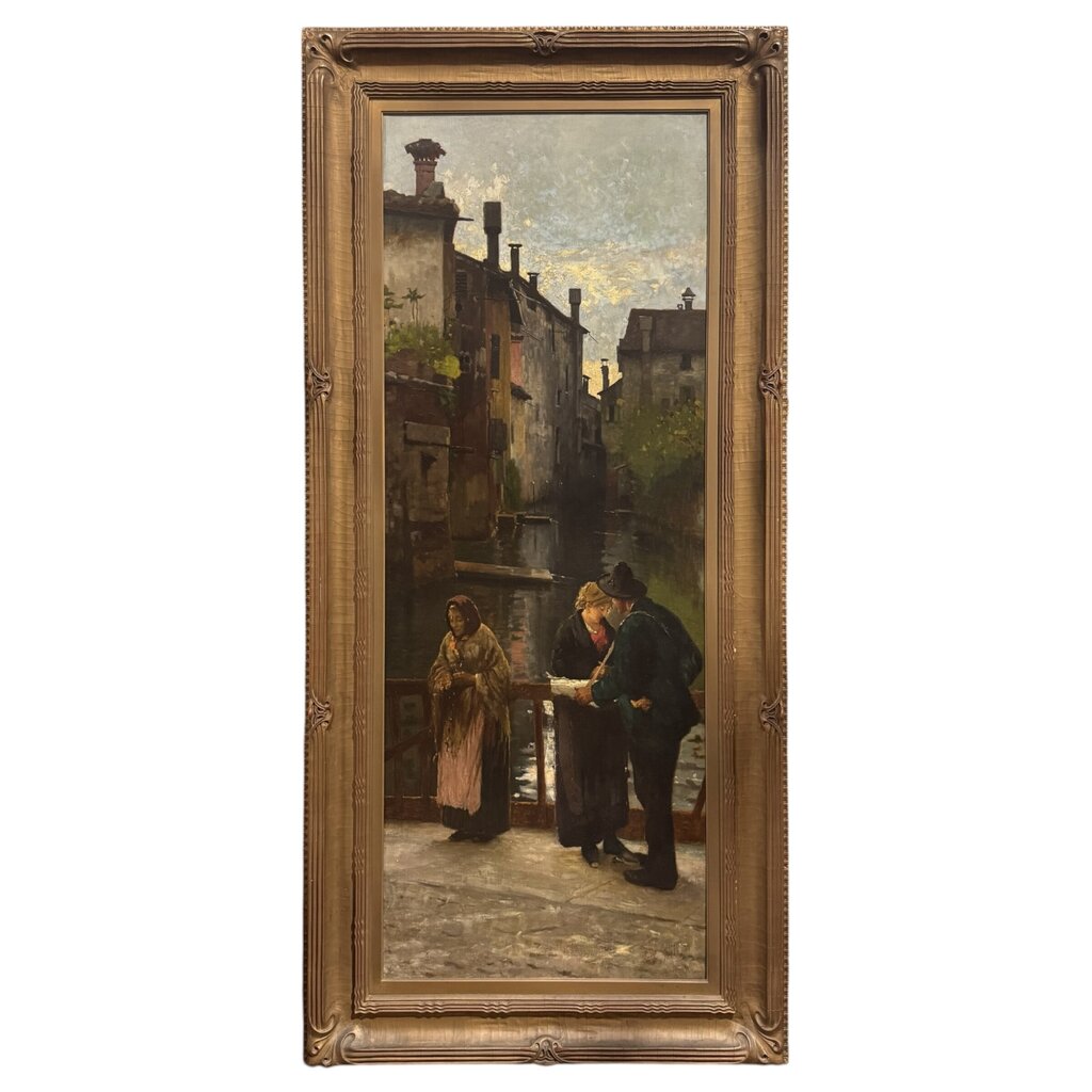After Angelo Dall’Oca Bianca “A Street Trader” (Ave Maria) Oil on Canvas, 1891 Italian Canal Scene w/ Figures on Bridge, Period Gilt Frame, Painting Shows Age Wear w/ Surface Damage, Frame Has Cracking
