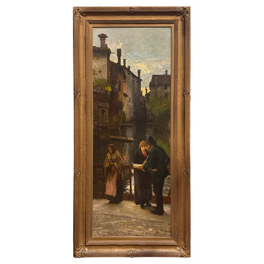 After Angelo Dall’Oca Bianca “A Street Trader” (Ave Maria) Oil on Canvas, 1891 Italian Canal Scene w/ Figures on Bridge, Period Gilt Frame, Painting Shows Age Wear w/ Surface Damage, Frame Has Cracking