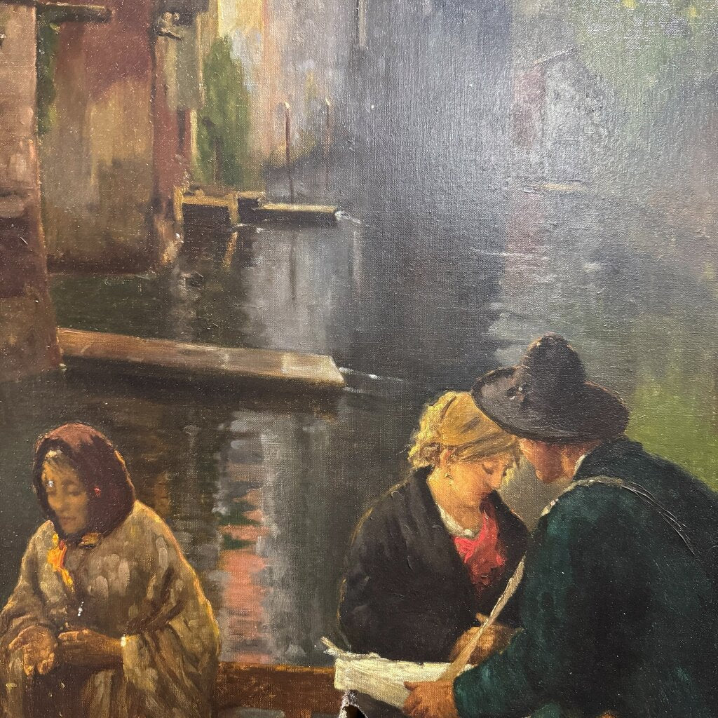 After Angelo Dall’Oca Bianca “A Street Trader” (Ave Maria) Oil on Canvas, 1891 Italian Canal Scene w/ Figures on Bridge, Period Gilt Frame, Painting Shows Age Wear w/ Surface Damage, Frame Has Cracking