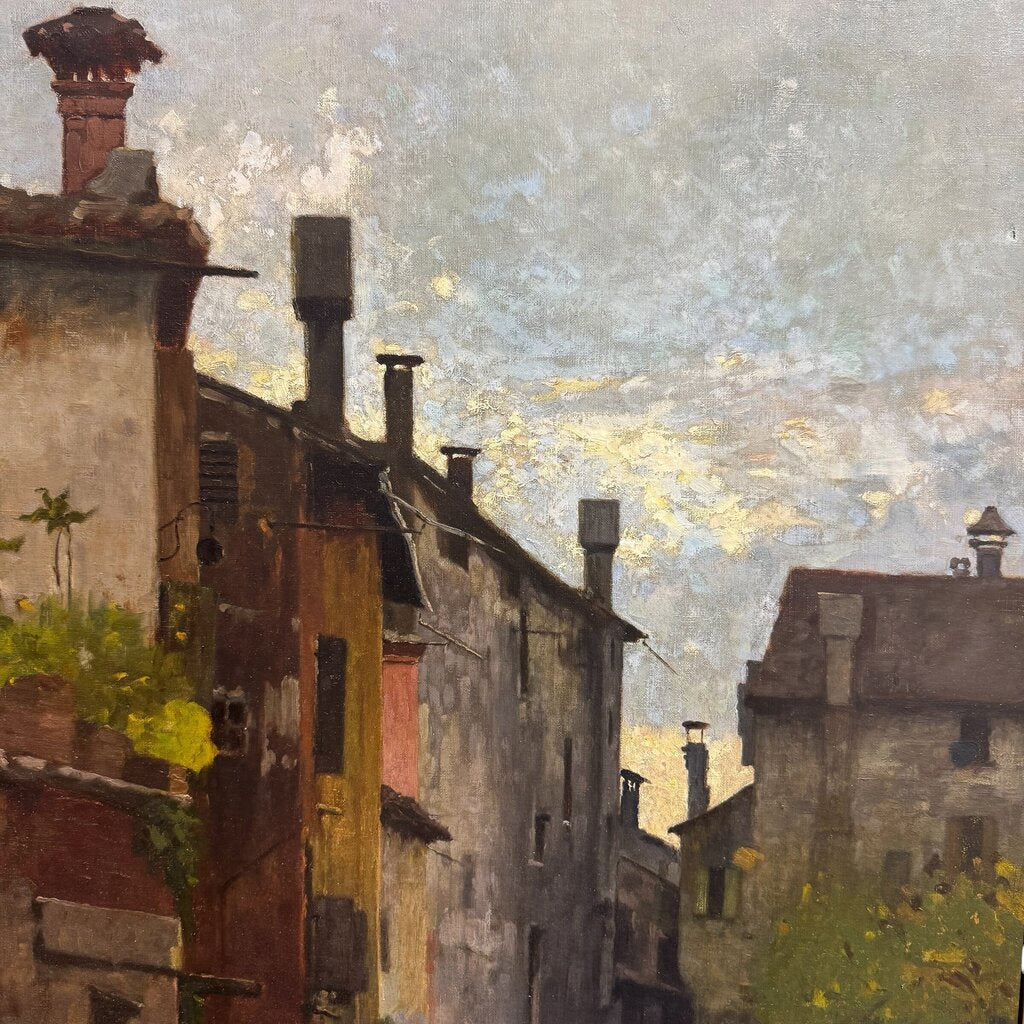 After Angelo Dall’Oca Bianca “A Street Trader” (Ave Maria) Oil on Canvas, 1891 Italian Canal Scene w/ Figures on Bridge, Period Gilt Frame, Painting Shows Age Wear w/ Surface Damage, Frame Has Cracking