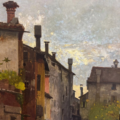 After Angelo Dall’Oca Bianca “A Street Trader” (Ave Maria) Oil on Canvas, 1891 Italian Canal Scene w/ Figures on Bridge, Period Gilt Frame, Painting Shows Age Wear w/ Surface Damage, Frame Has Cracking