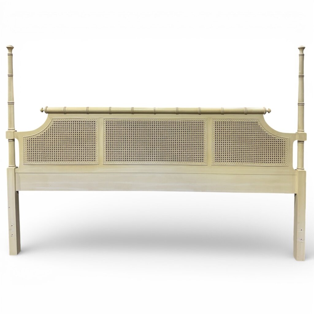 Vintage Henry Link King Headboard in Painted Cream Finish w/ Classic Bamboo Form and Cane Panels. Three-Panel Woven Rattan Detail Adds Texture and Coastal Palm Beach Style. Solid Frame w/ Turned Posts