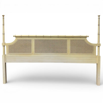 Vintage Henry Link King Headboard in Painted Cream Finish w/ Classic Bamboo Form and Cane Panels. Three-Panel Woven Rattan Detail Adds Texture and Coastal Palm Beach Style. Solid Frame w/ Turned Posts