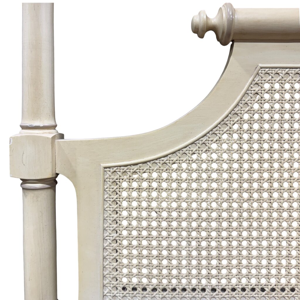 Vintage Henry Link King Headboard in Painted Cream Finish w/ Classic Bamboo Form and Cane Panels. Three-Panel Woven Rattan Detail Adds Texture and Coastal Palm Beach Style. Solid Frame w/ Turned Posts