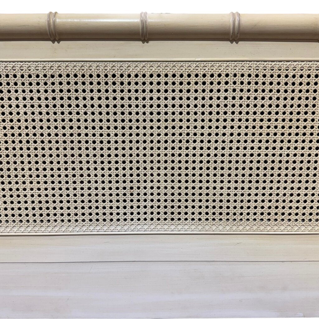 Vintage Henry Link King Headboard in Painted Cream Finish w/ Classic Bamboo Form and Cane Panels. Three-Panel Woven Rattan Detail Adds Texture and Coastal Palm Beach Style. Solid Frame w/ Turned Posts
