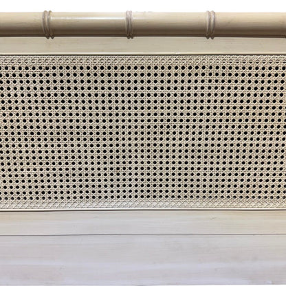 Vintage Henry Link King Headboard in Painted Cream Finish w/ Classic Bamboo Form and Cane Panels. Three-Panel Woven Rattan Detail Adds Texture and Coastal Palm Beach Style. Solid Frame w/ Turned Posts