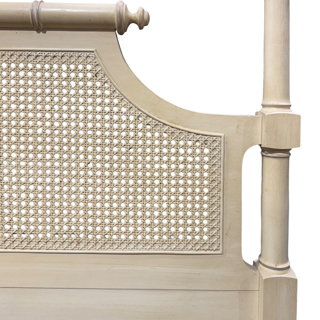 Vintage Henry Link King Headboard in Painted Cream Finish w/ Classic Bamboo Form and Cane Panels. Three-Panel Woven Rattan Detail Adds Texture and Coastal Palm Beach Style. Solid Frame w/ Turned Posts