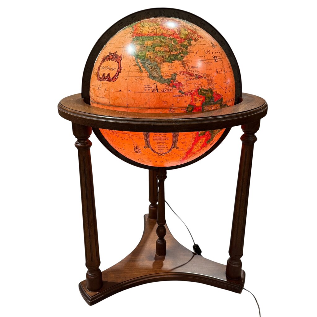 Vintage Illuminated Floor Globe by Scan-Globe Denmark on Wooden Stand. Detailed Political Map, and Classic Turned Wood Base on Wheels 16Dia Globe.22Lx22Wx33H