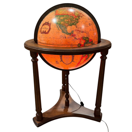 Vintage Illuminated Floor Globe by Scan-Globe Denmark on Wooden Stand. Detailed Political Map, and Classic Turned Wood Base on Wheels 16Dia Globe.22Lx22Wx33H