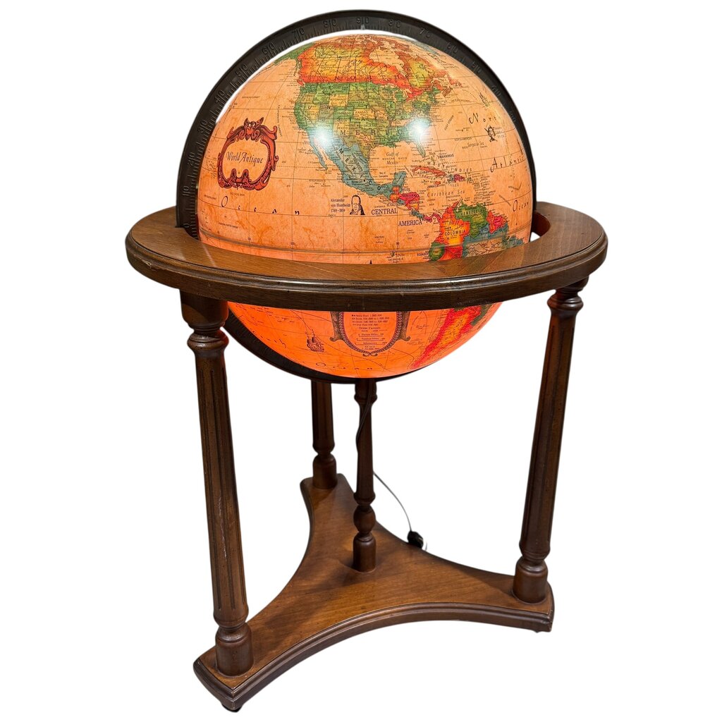 Vintage Illuminated Floor Globe by Scan-Globe Denmark on Wooden Stand. Detailed Political Map, and Classic Turned Wood Base on Wheels 16Dia Globe.22Lx22Wx33H