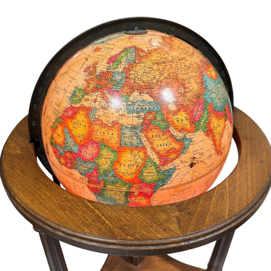 Vintage Illuminated Floor Globe by Scan-Globe Denmark on Wooden Stand. Detailed Political Map, and Classic Turned Wood Base on Wheels 16Dia Globe.22Lx22Wx33H