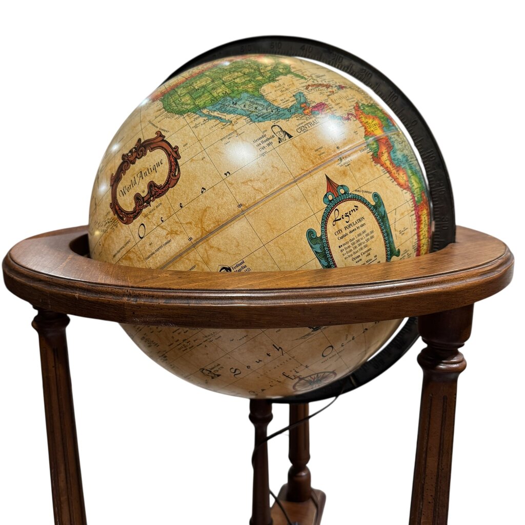 Vintage Illuminated Floor Globe by Scan-Globe Denmark on Wooden Stand. Detailed Political Map, and Classic Turned Wood Base on Wheels 16Dia Globe.22Lx22Wx33H