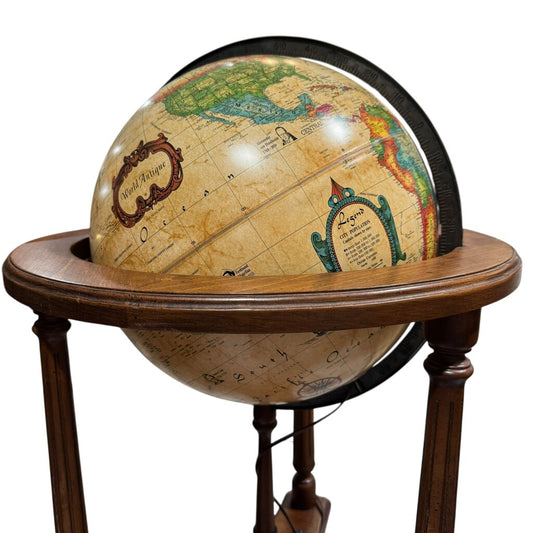 Vintage Illuminated Floor Globe by Scan-Globe Denmark on Wooden Stand. Detailed Political Map, and Classic Turned Wood Base on Wheels 16Dia Globe.22Lx22Wx33H