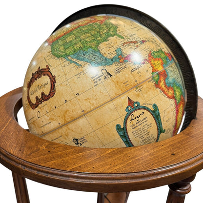 Vintage Illuminated Floor Globe by Scan-Globe Denmark on Wooden Stand. Detailed Political Map, and Classic Turned Wood Base on Wheels 16Dia Globe.22Lx22Wx33H