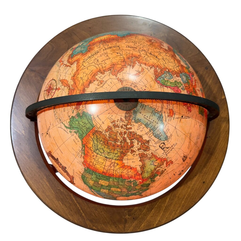 Vintage Illuminated Floor Globe by Scan-Globe Denmark on Wooden Stand. Detailed Political Map, and Classic Turned Wood Base on Wheels 16Dia Globe.22Lx22Wx33H