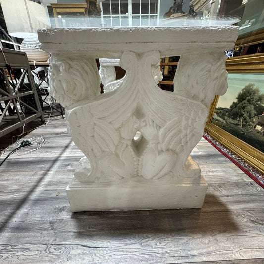 Large Cast Concrete Table Base Set w/ 48Lx84W 3/8" Beveled Glass Top Statement Dining or Conference Table Featuring Hand-Cast Concrete Bases w/ Sculpted Griffin & Lion Motifs. Thick Rectangular Glass Top Rests Securely Above, Creating a Bold Old-World...