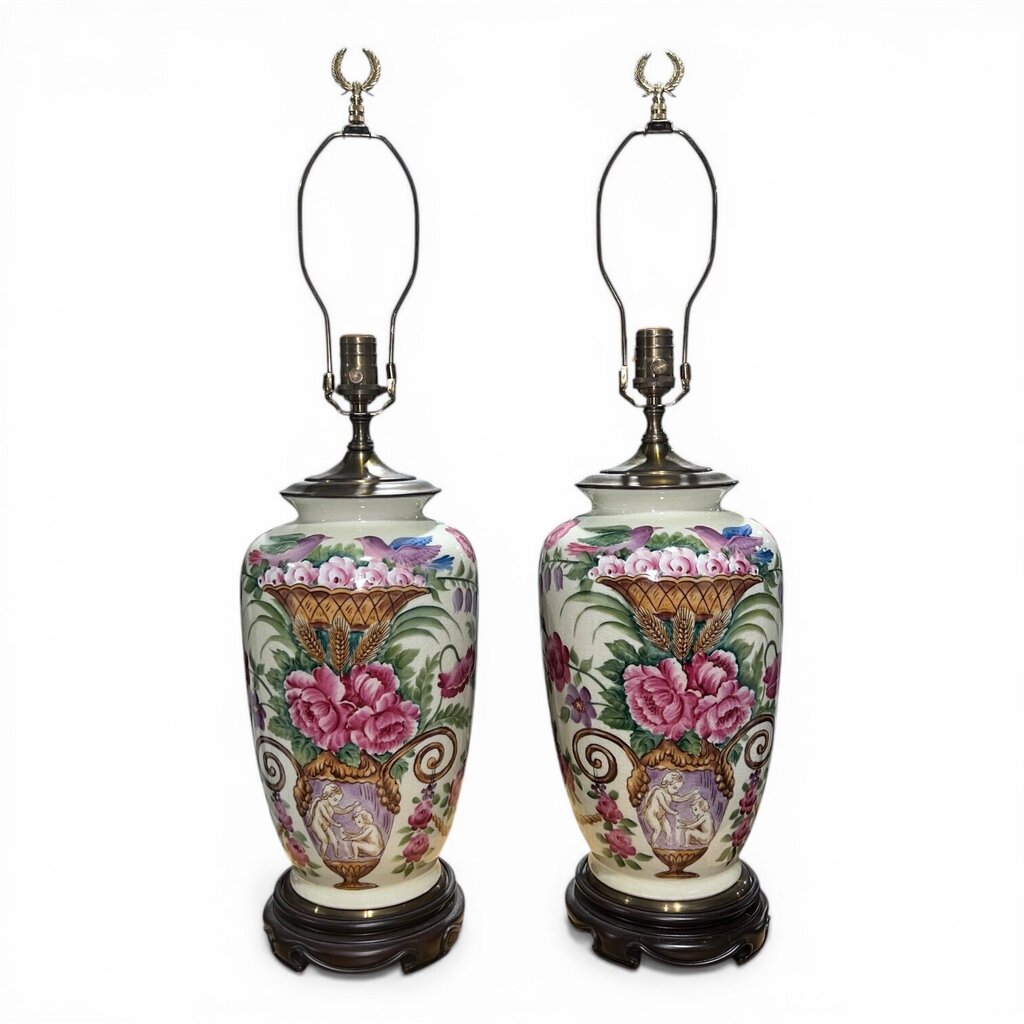 Pair of Vintage Wildwood Hand-Painted Porcelain Table Lamps w/ Chinoiserie Motif on Wood Bases
