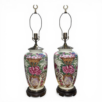 Pair of Vintage Wildwood Hand-Painted Porcelain Table Lamps w/ Chinoiserie Motif on Wood Bases