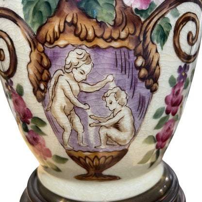 Pair of Vintage Wildwood Hand-Painted Porcelain Table Lamps w/ Chinoiserie Motif on Wood Bases