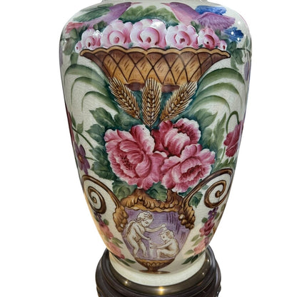 Pair of Vintage Wildwood Hand-Painted Porcelain Table Lamps w/ Chinoiserie Motif on Wood Bases