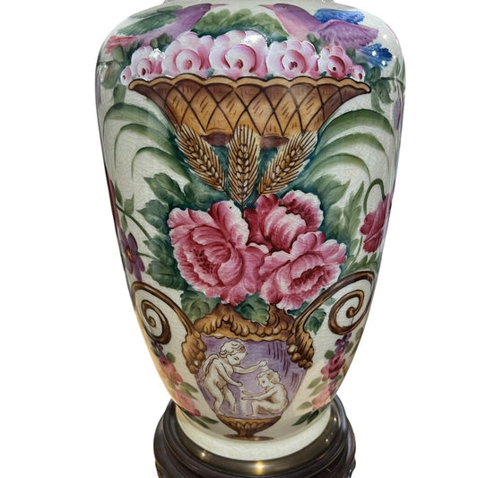 Pair of Vintage Wildwood Hand-Painted Porcelain Table Lamps w/ Chinoiserie Motif on Wood Bases