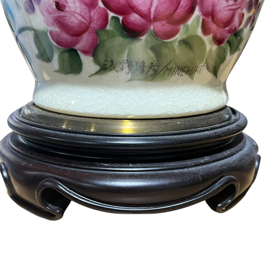 Pair of Vintage Wildwood Hand-Painted Porcelain Table Lamps w/ Chinoiserie Motif on Wood Bases