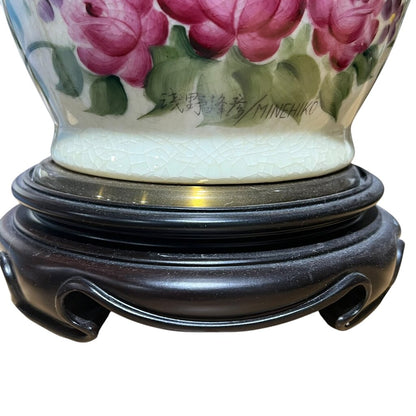 Pair of Vintage Wildwood Hand-Painted Porcelain Table Lamps w/ Chinoiserie Motif on Wood Bases