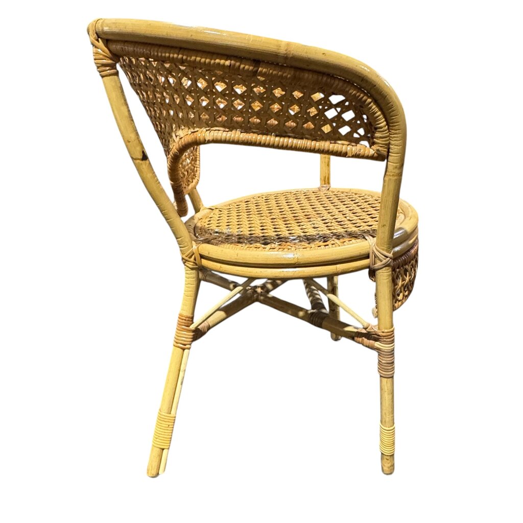 Rattan Barrel Back Chair w/ Woven Seat & Open Cane Design. Classic Coastal Style w/ Curved Arms & Reinforced Frame