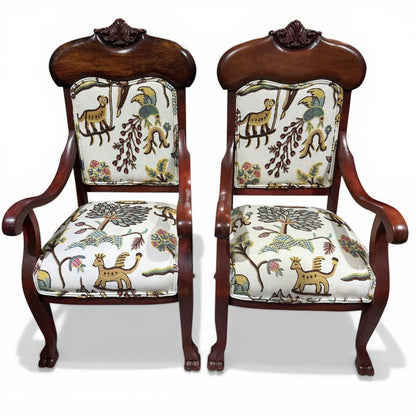 Pair of Vintage Mahogany Armchairs w/ Carved Crest Rails, Cabriole Legs, Schumacher Colonial Crewel Upholstery, Blue Back Panels, 22Lx22Wx44H