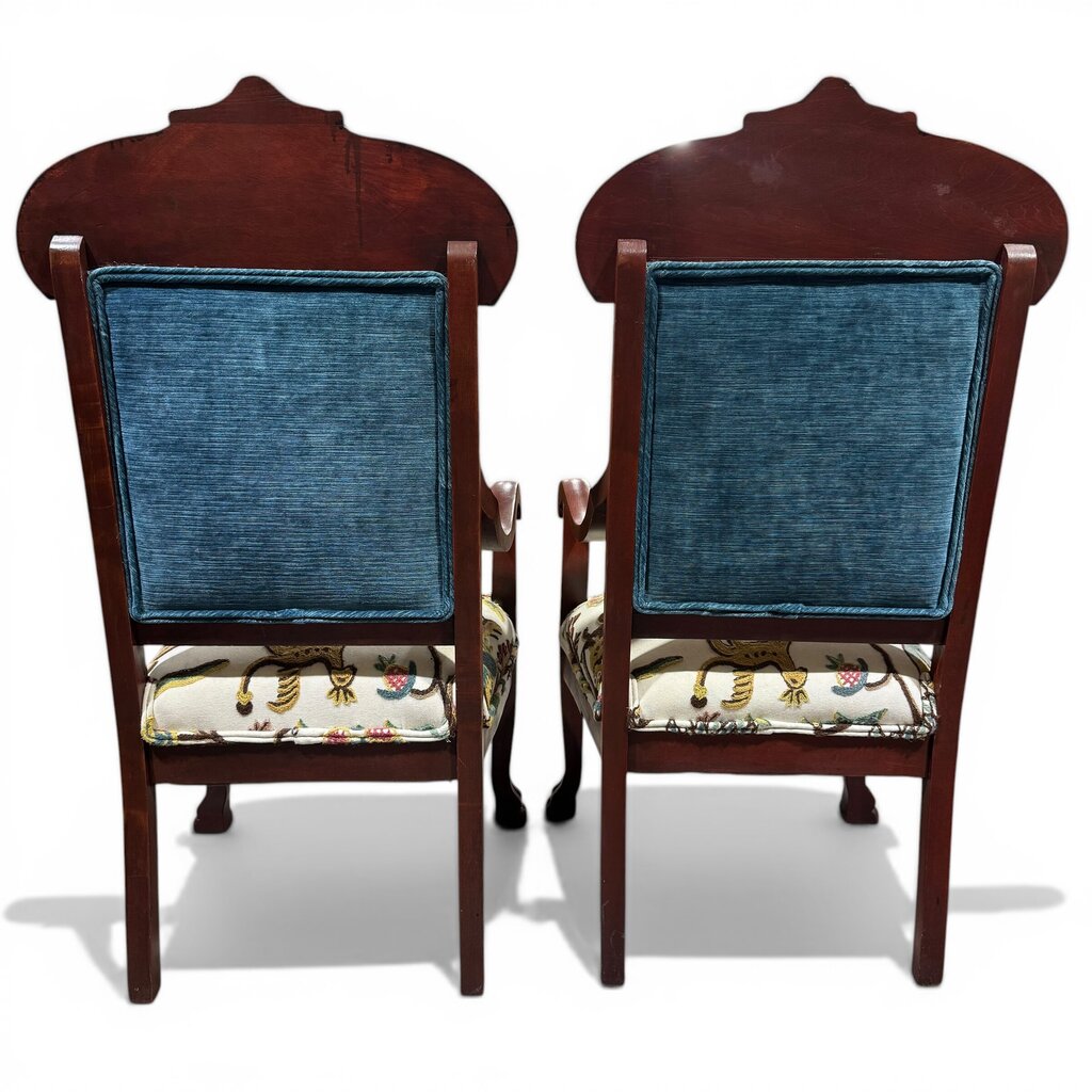 Pair of Vintage Mahogany Armchairs w/ Carved Crest Rails, Cabriole Legs, Schumacher Colonial Crewel Upholstery, Blue Back Panels, 22Lx22Wx44H