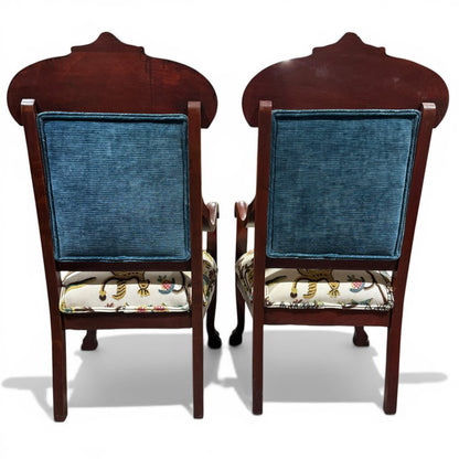 Pair of Vintage Mahogany Armchairs w/ Carved Crest Rails, Cabriole Legs, Schumacher Colonial Crewel Upholstery, Blue Back Panels, 22Lx22Wx44H