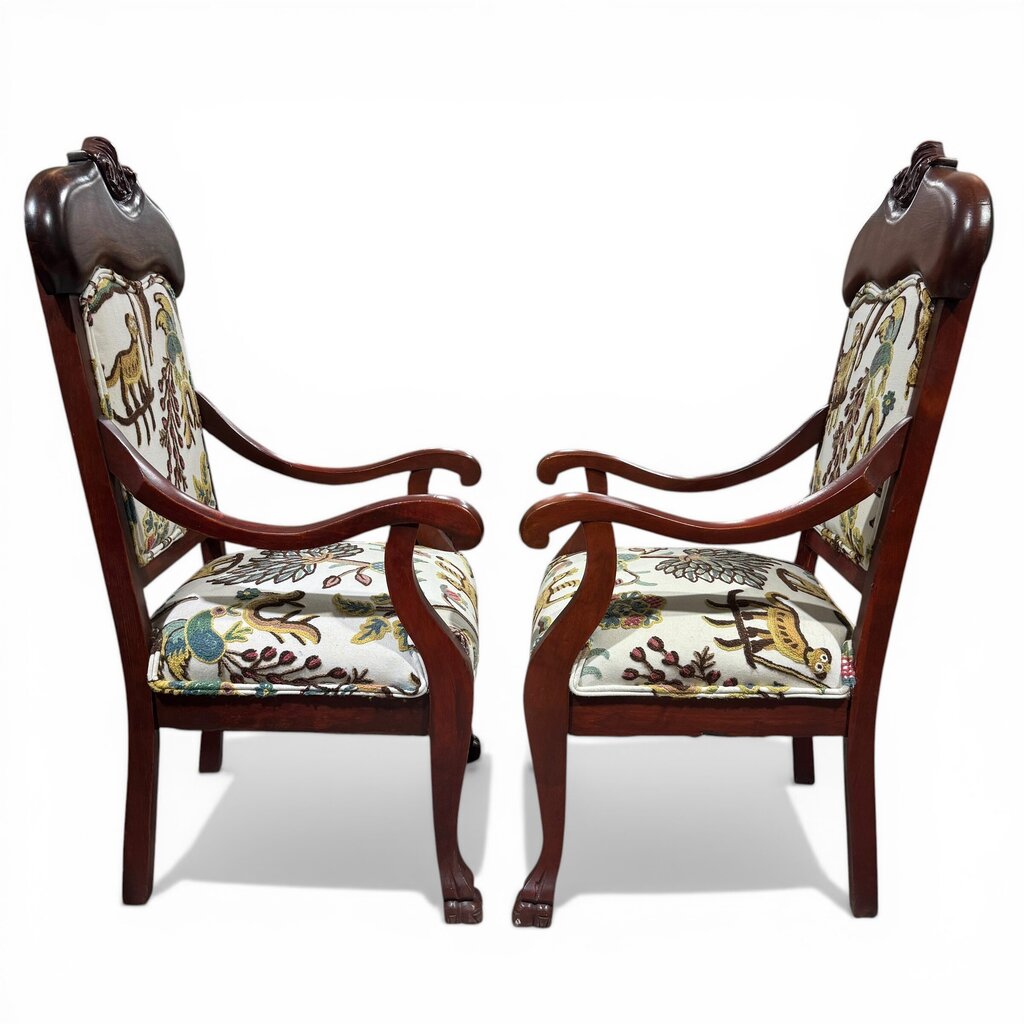Pair of Vintage Mahogany Armchairs w/ Carved Crest Rails, Cabriole Legs, Schumacher Colonial Crewel Upholstery, Blue Back Panels, 22Lx22Wx44H