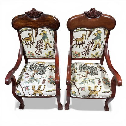 Pair of Vintage Mahogany Armchairs w/ Carved Crest Rails, Cabriole Legs, Schumacher Colonial Crewel Upholstery, Blue Back Panels, 22Lx22Wx44H