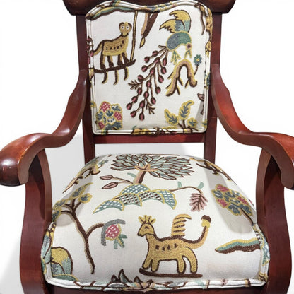 Pair of Vintage Mahogany Armchairs w/ Carved Crest Rails, Cabriole Legs, Schumacher Colonial Crewel Upholstery, Blue Back Panels, 22Lx22Wx44H