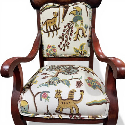 Pair of Vintage Mahogany Armchairs w/ Carved Crest Rails, Cabriole Legs, Schumacher Colonial Crewel Upholstery, Blue Back Panels, 22Lx22Wx44H