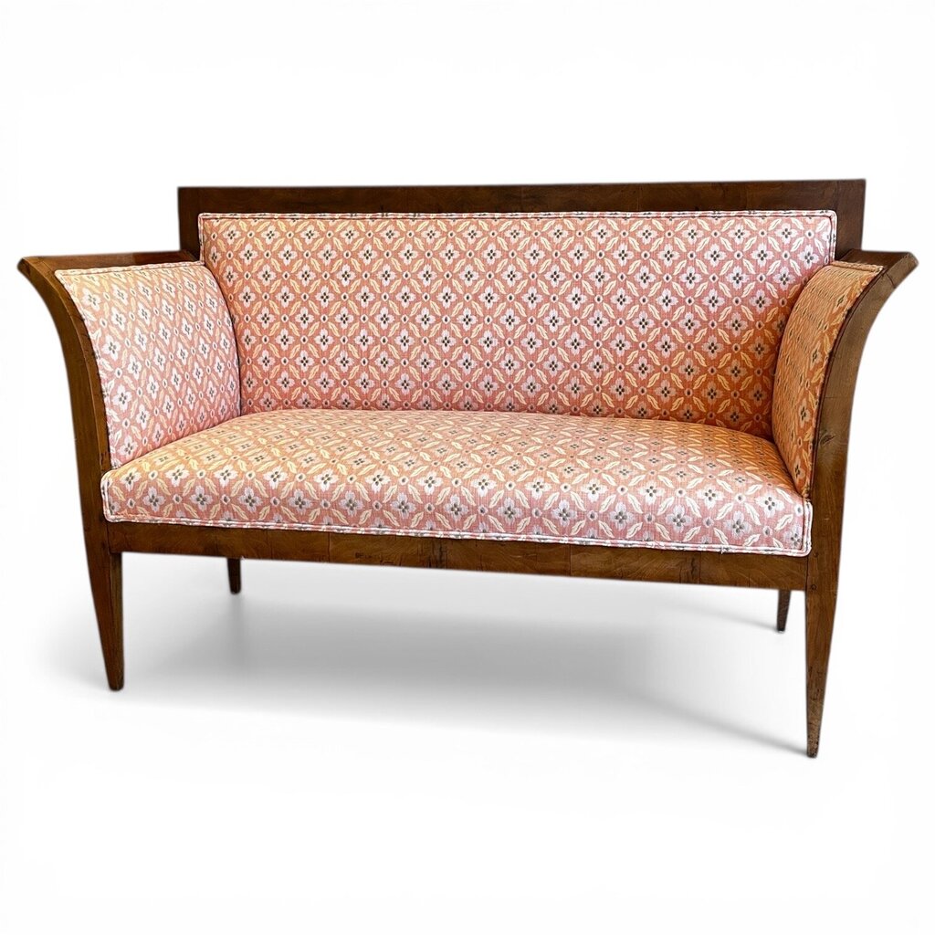 Vintage Walnut Frame Settee w/ Sculpted Arms And Tailored Upholstery 57Lx24Wx36H