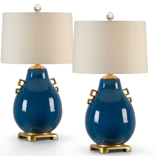 Pair of Wildwood Table Lamps in Largo Blue Glaze from the Ming Collection w/ Raw Silk Shade & Crystal Finials 18Lx34H