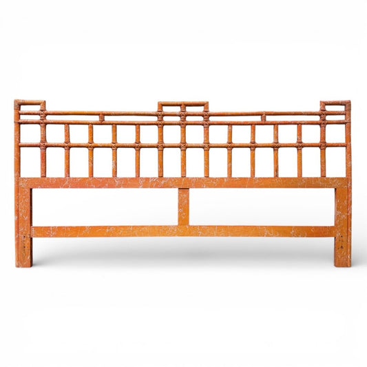 Vintage Ficks Reed Hollywood Regency / Coastal Boho Bamboo Chippendale King Headboard w/ Original Orange Crackle Lacquer Finish 81Lx41H