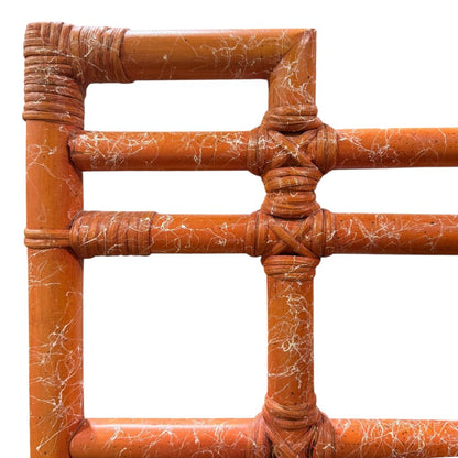 Vintage Ficks Reed Hollywood Regency / Coastal Boho Bamboo Chippendale King Headboard w/ Original Orange Crackle Lacquer Finish 81Lx41H
